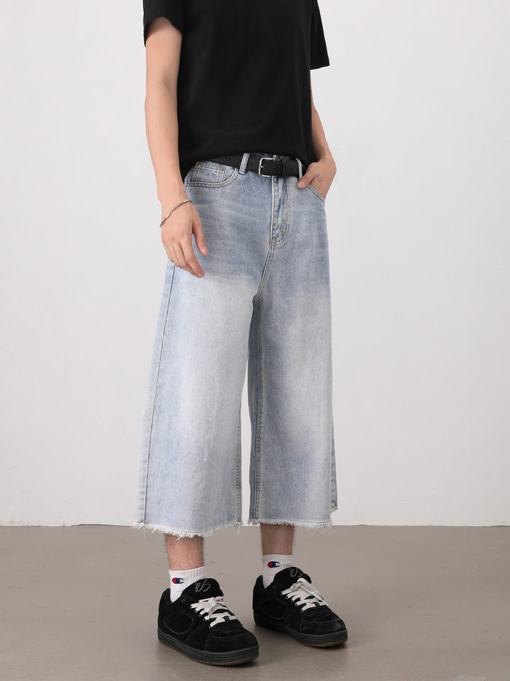 Quần short denim nam ống rộng dáng thẳng, kiểu Mỹ cổ điển, wash xước gấu, dài 8/10 — Màu xanh dương