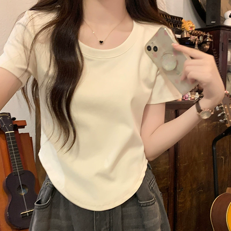 Женская футболка из чистого хлопка, короткая, приталенная, с коротким рукавом, лето 2025, сексуальный стиль, открытая правая сторона, топ