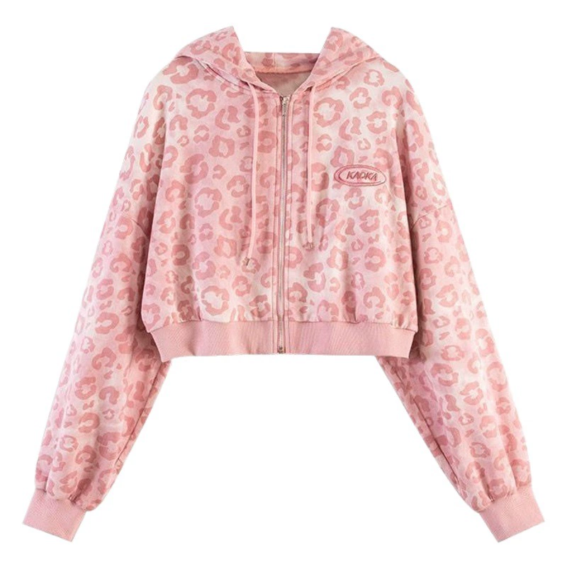 2023 Розовый Леопардовый Короткий Кардиган Куртка Женская Весна и Осень Новый Свободный Гонконгский Стиль Ретро Свитер С Капюшоном Модный