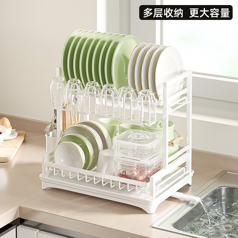 Cocina, tubo cuadrado blanco, estante para platos de drenaje, vajilla para el hogar, taza de agua, estante de almacenamiento para platos, guía de agua, estante para platos de desmontaje de doble capa