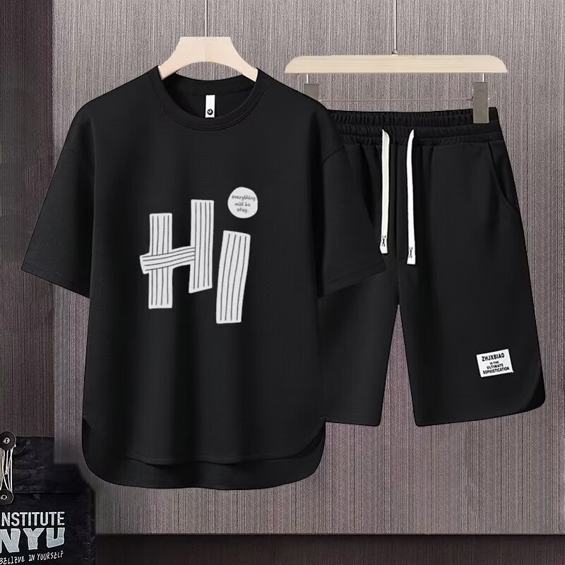 Waffles Sports suit Men's Summer Thin Loose T-shirt Casual Short-sleeved Shorts Men's Wear Set Matching Handsome Waffles Sports suit Men's Summer Thin Loose T-shirt Casual Short-sleeved Shorts Men's Wear Set Matching Handsome