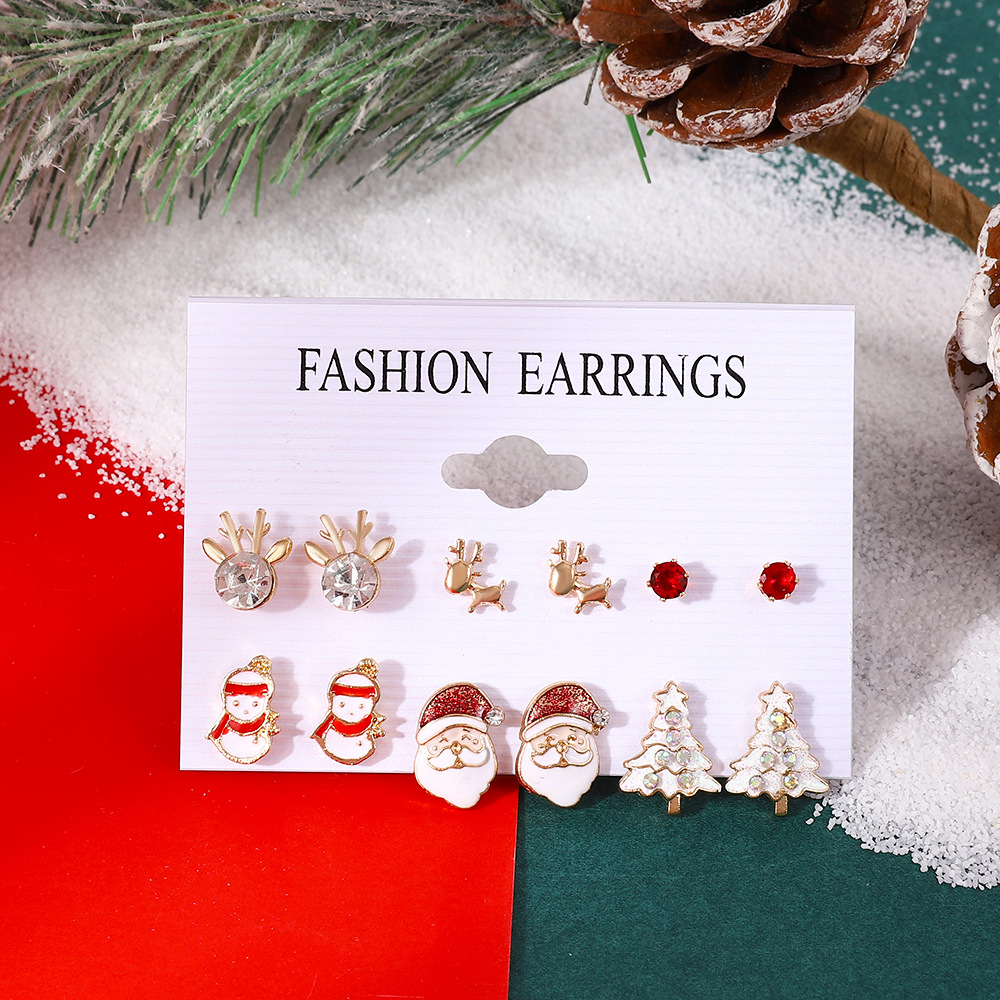 Fashion Santa Claus Snowman Alloy Enamel Inlay Artificial Gemstones Women's Ear Studs 6 Pairs display picture 5