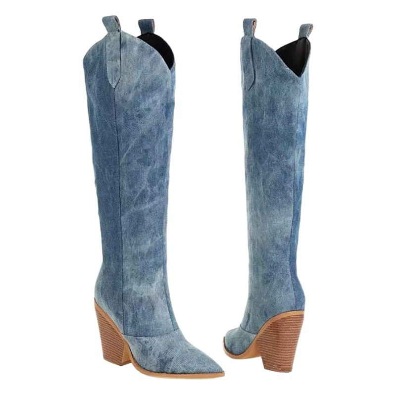 2023 Новые европейские и американские большие размеры нишевые западные джинсовые брюки и сапоги с острым носом на очень высоком каблуке с высокой трубкой для похудения