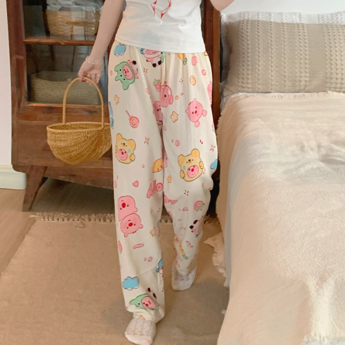 2024 pijamas de verano nuevos hilos de espuma de espuma delgados pantalones anti-mosquitos pantalones de dibujos animados dulces pantalones caseros al por mayor