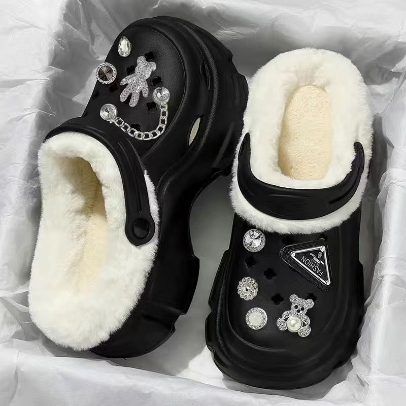 New Velvet Clogs for Women, Autumn and Winter Cotton Slippers, Inner Lining and Outer Wear, Thick-Soled Furry Cotton Slippers Wholesale