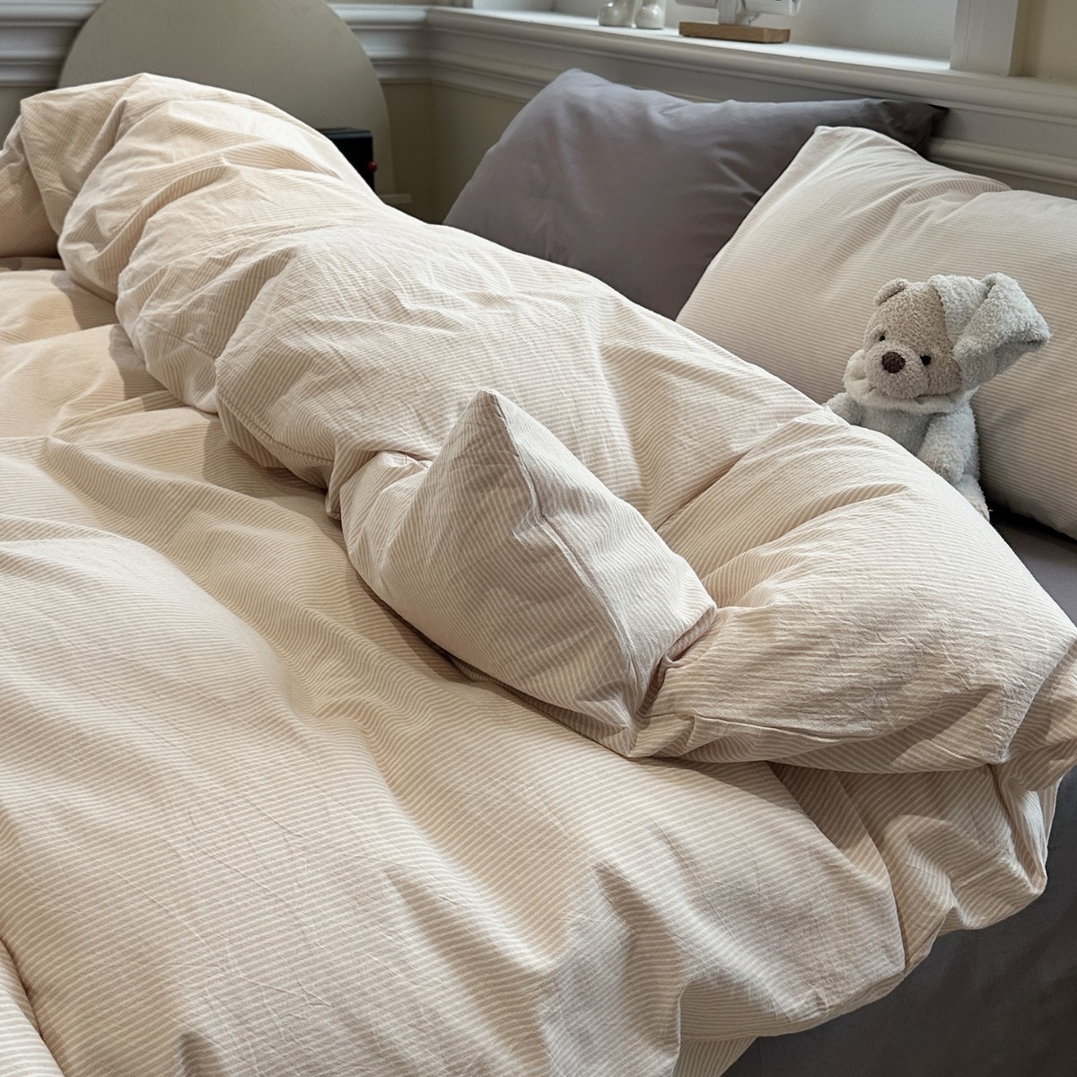 Minimalist Washed Cotton Bedding Set With Stripes For Bed_voghion.com