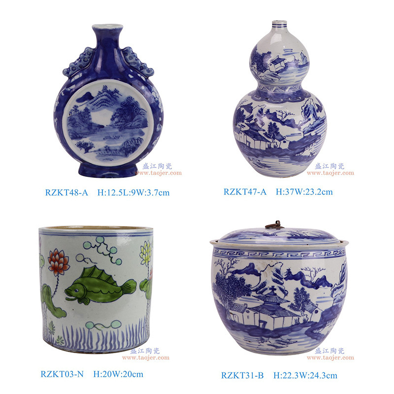 景德镇仿古青花瓷花瓶抱月瓶盖罐青花斗彩鱼藻纹笔筒家居装饰摆件