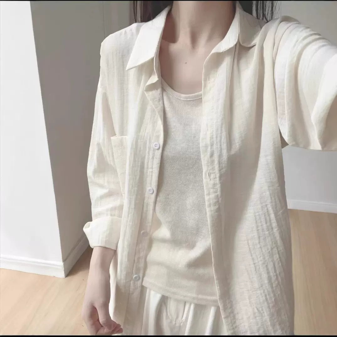 汇鹏欧若风～高级感棉麻衬衫女棉麻薄款衬衣防晒长袖两件套