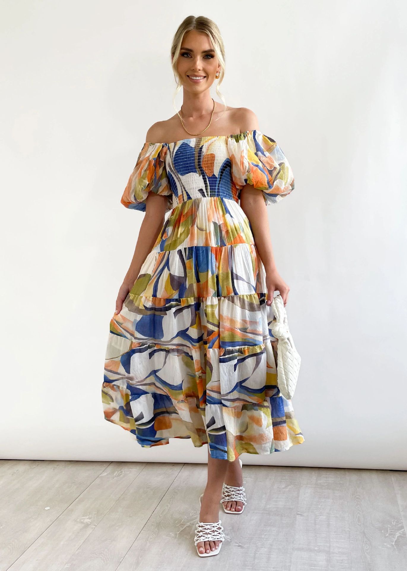 350g Weight Maxi Long Dress Dress Length Type Wholesale Women'S Vacation Printing Backless Ditsy Floral Street Boat Neck Short Sleeve One Shoulder Skirt