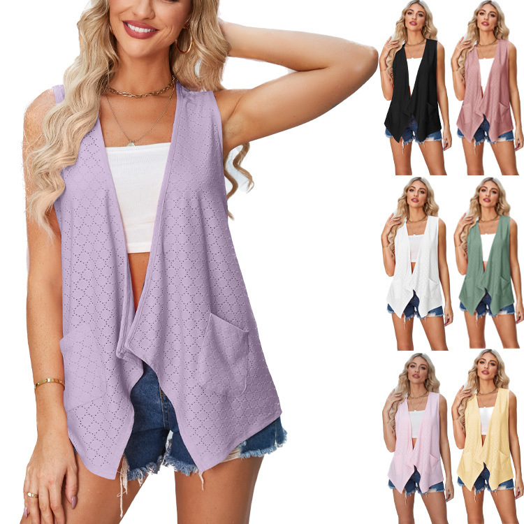 2024 Summer new cross-border European and American women's clothing Amazon Women's hole hollow solid color casual cardigan jacket