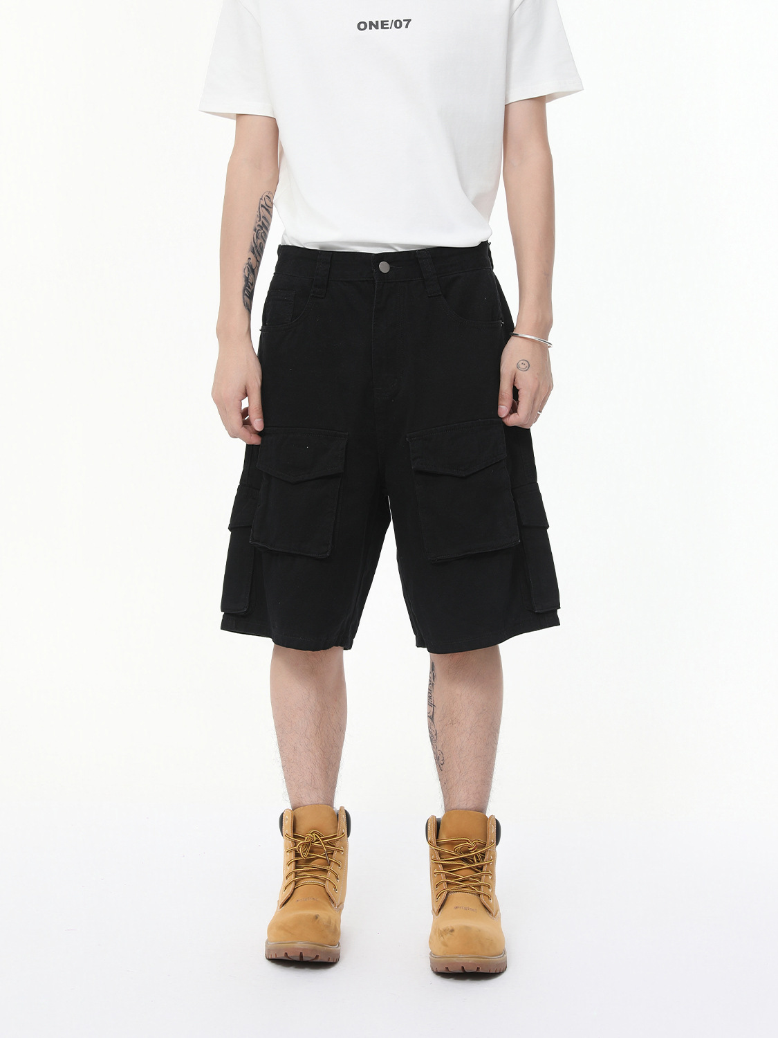 MTLCLOTHES para hombre | Pantalones cortos de mezclilla de algodón americano con múltiples bolsillos pantalones sueltos casuales de cinco puntos