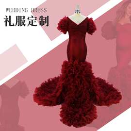 跨境网纱孕妇装长裙照片拍摄礼服V领花苞式裙摆大肚妈咪写真