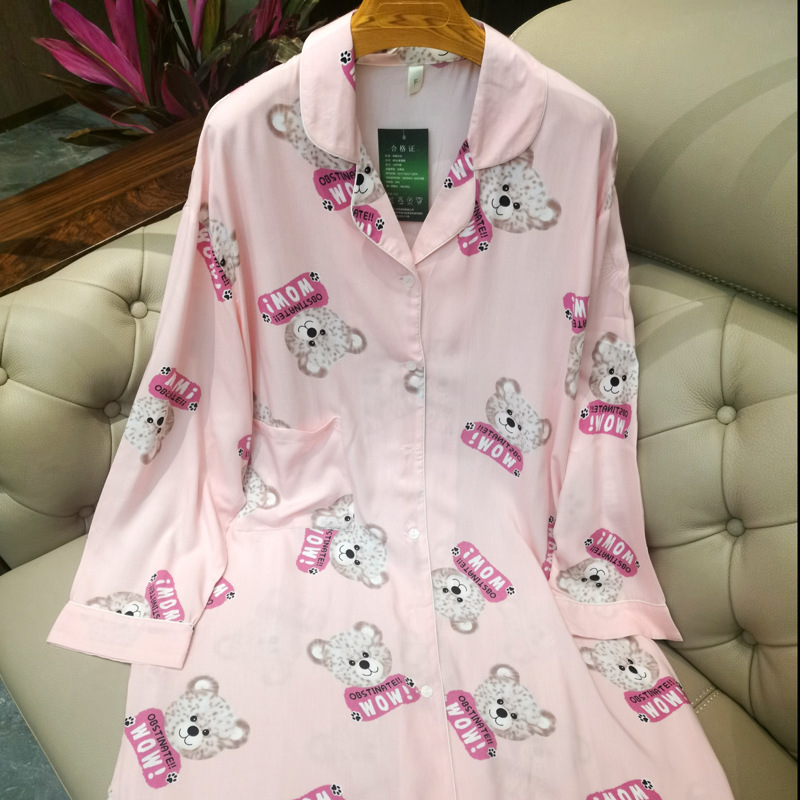 Cartoon cotton silk plus size lengthened nightdress cardigan dress pajamas summer loose pregnant women chubby girl homewear women