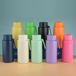 New Large-Capacity Thermos Cup Simple Cross-Border 304 Stainless Steel Straw Cup Satchel Sports Wholesale Thermos Water Kettle