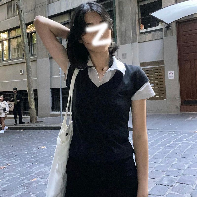 現物! モーデール! 【天猫の震え音専用】韓国版学院POLO襟は偽の半袖tをつなぎ合わせます。|undefined