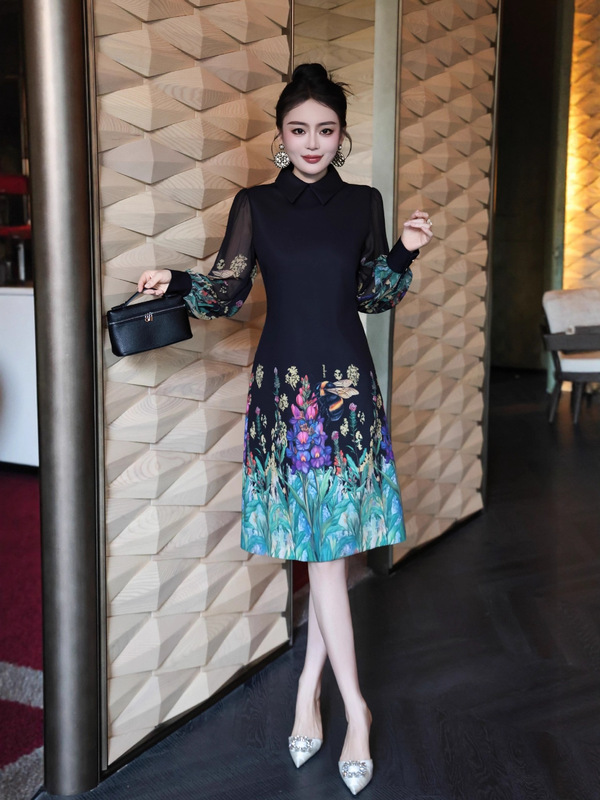精致新款女装2025年夏季欧美复古翻领碎花连衣裙立体剪裁时尚百搭|undefined
