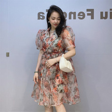 玫瑰花欧根纱法式小碎花连衣裙女夏季两件套风衣裙泡泡袖大摆裙子