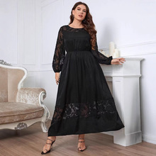 欧美跨境女装圆领灯笼袖大码装连衣裙收腰系带蕾丝镂空花边长裙