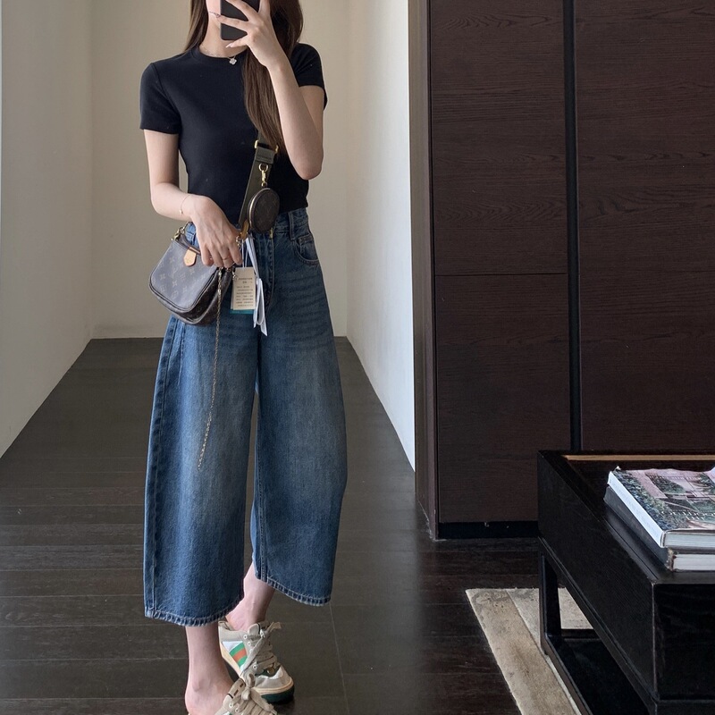 American Retro Balloon Jeans, Distressed Vintage Blue, Loose Fit, Slimming, Cropped Wide-Leg Pants for Women, 2026 Summer New Style American Retro Balloon Jeans, Distressed Vintage Blue, Loose Fit, Slimming, Cropped Wide-Leg Pants for Women, 2026 Summer New Style