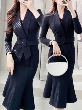 新款修身气质连衣裙鱼尾裙女神范职业装法式西装风中长裙