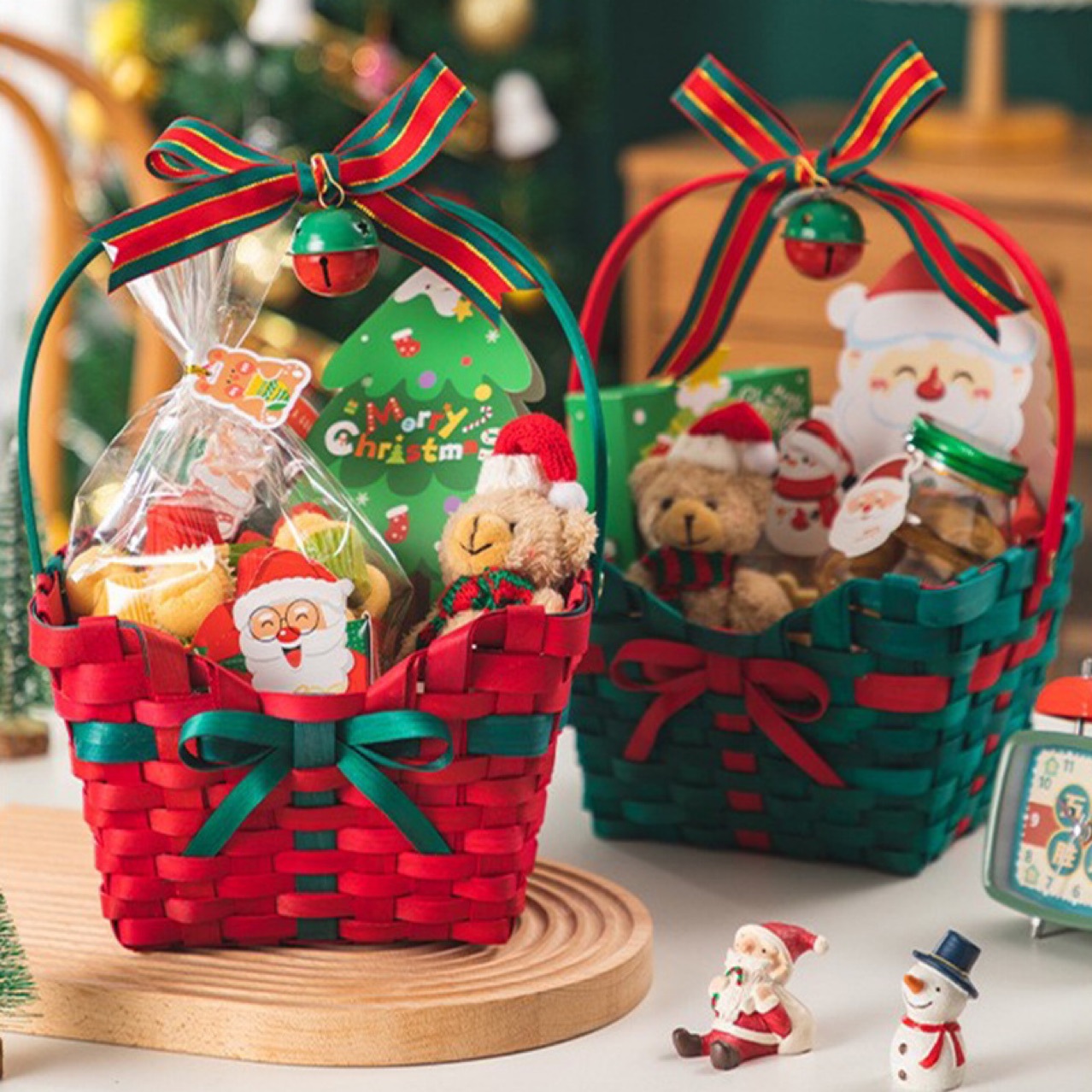 圣诞节红色花篮木条编织手提篮鲜花礼品篮子新年水果苹果花篮2个