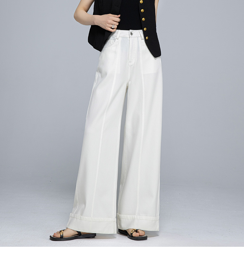 Quần jean ống rộng nữ cạp cao vải Tencel cotton mềm mại, dáng suông rộng, gấu xắn, mỏng nhẹ mùa hè — Màu trắng chi tiết 4