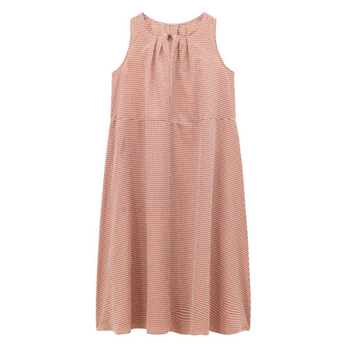 Korean Sweet Checkered Pleated Round Neck Dress for Women - Summer 2025 New Arrival Loose Medium Length A-Line Backless Dress