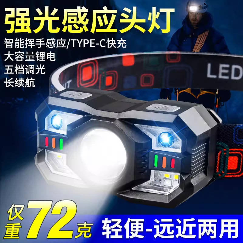 Faros pequeños de inducción inteligente transfronterizos multifunción multifuente de luz carga linterna montada en la cabeza al aire libre luz de pesca nocturna al por mayor