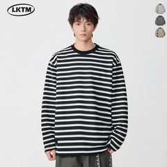 LKTM男装 黑白条纹圆领宽松休闲长袖T恤男女简约百搭基础款打底衫