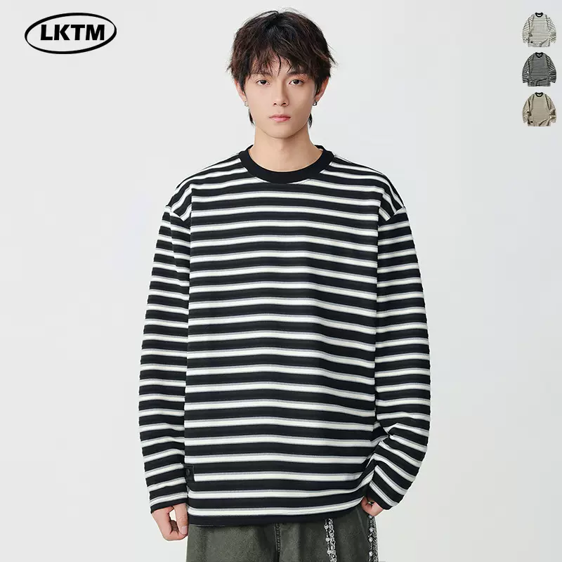 LKTM男装 黑白条纹圆领宽松休闲长袖T恤男女简约百搭基础款打底衫