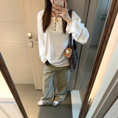 2025新款简约纽扣长袖t恤女春季季宽松设计感小众慵懒风棉上衣