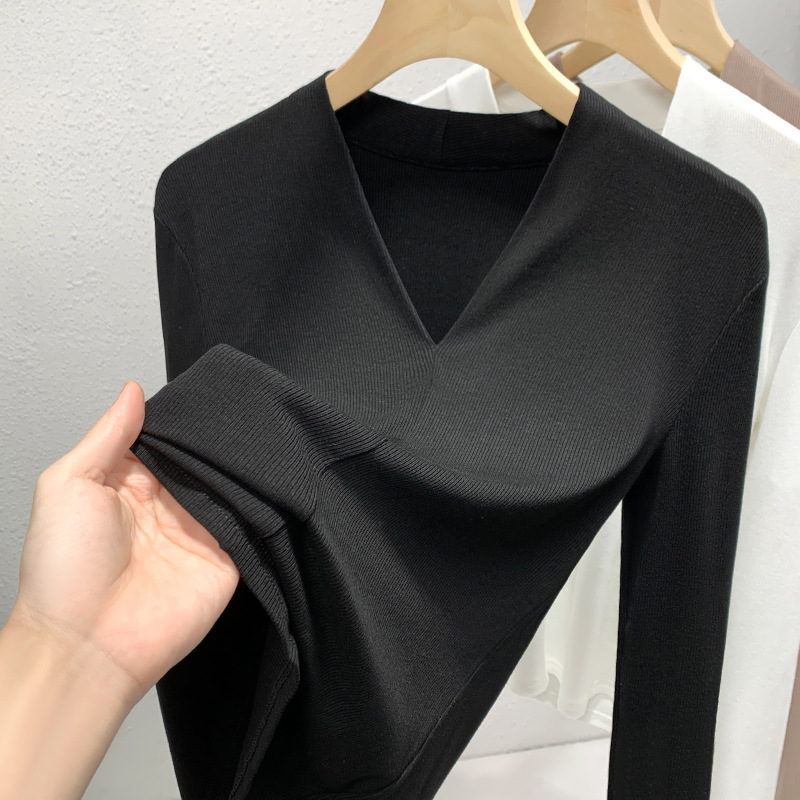 Medium-sleeved T-shirt Women's New Women's Clothing Solid Color Threaded Half-sleeved T-shirt Temperament Deep V-neck Waist Top Short Sleeve_ecoleips.com