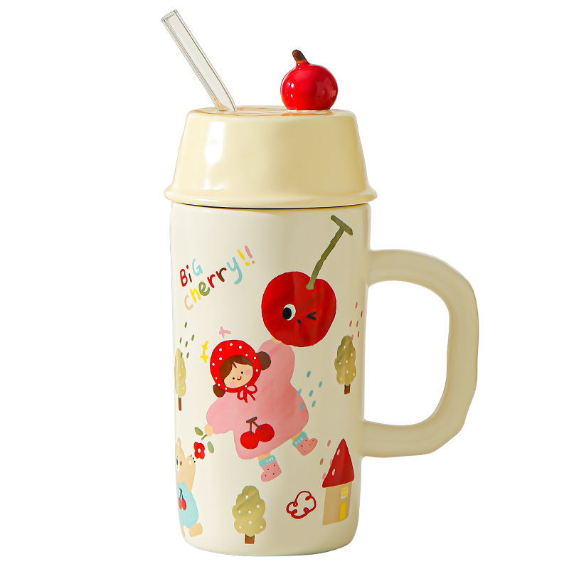 Caricatura creativa para niños y niñas tazas de cerámica con cubierta de paja para parejas tazas de agua taza de leche taza de desayuno regalo