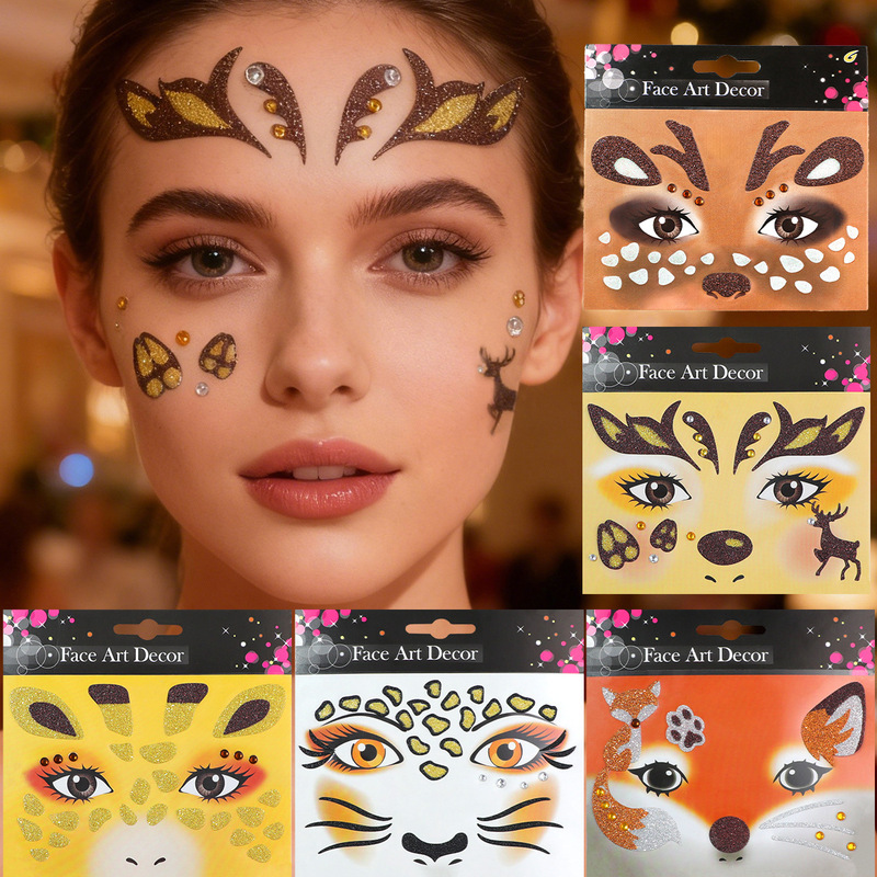 Cross-Border Amazon Christmas Reindeer Leopard Print Cat Fox Makeup Stickers Tattoo Stickers Holiday Stickers Face Stickers