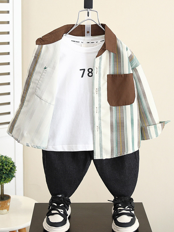 5827 chaqueta de camisa para niños primavera y otoño 2025 nuevo bebé otoño versión coreana camisa de manga larga para niños blusa a rayas