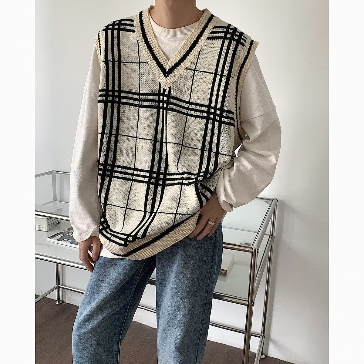 A cuadros grandes de punto pequeño chaleco suéter de primavera y otoño chaleco exterior apilado chaleco adelgazante de moda nuevo chaleco a juego