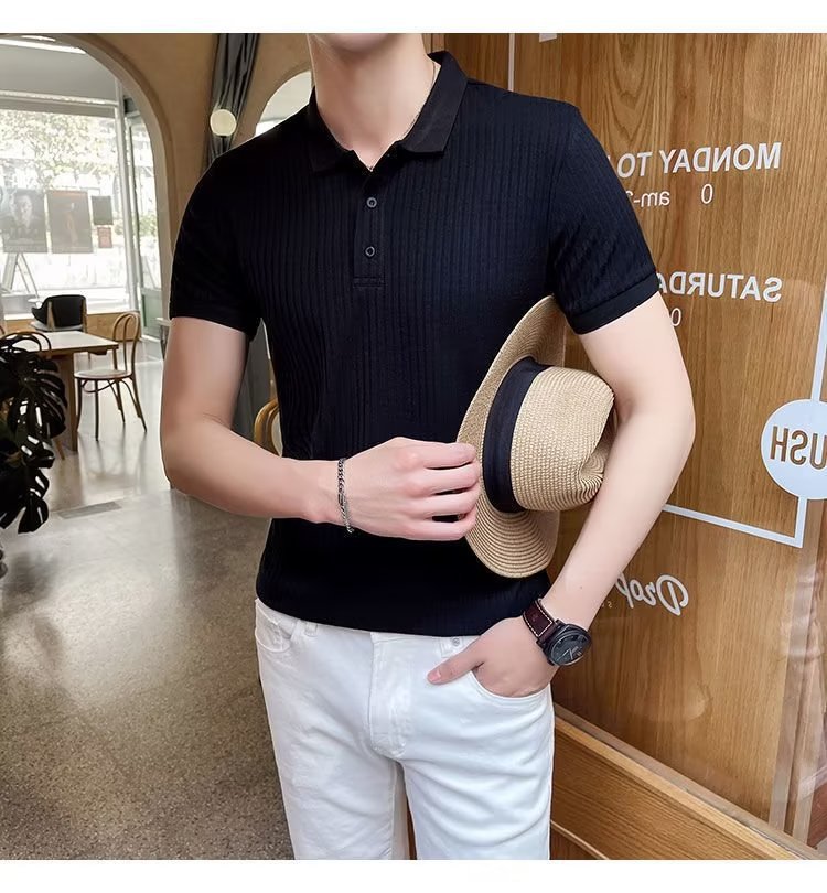 Camicia in polp intrecciato a righe estive 2023 T-shirt in seta di ghiaccio Versatile tinta unita comoda manica corta - stampabile Tiktok_voghion.com