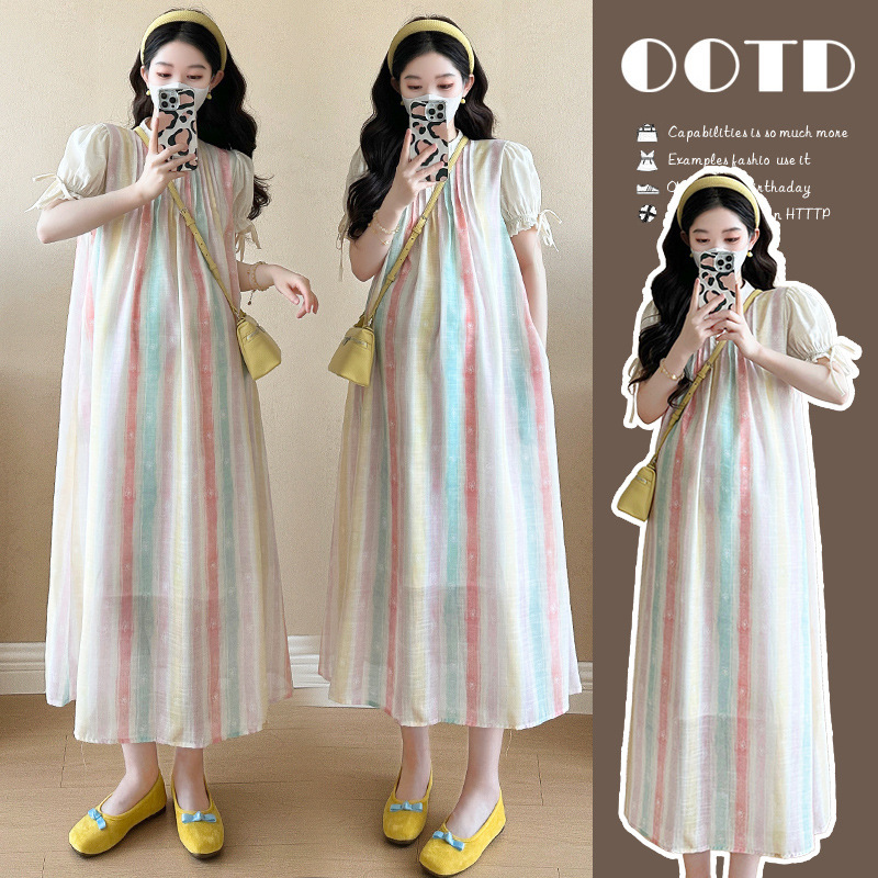 Real shot in stock 2025 summer new sweet rainbow strip pregnant women dress