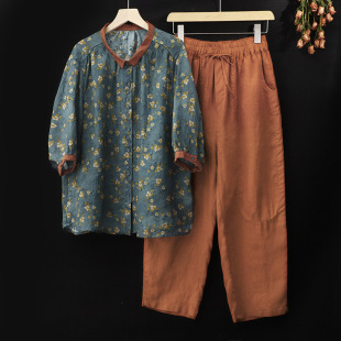 Real Shot in stock New Korean-style plus size Two-piece Printed Retro Fashion Western Style Cotton and Linen suit Mother Summer Dress