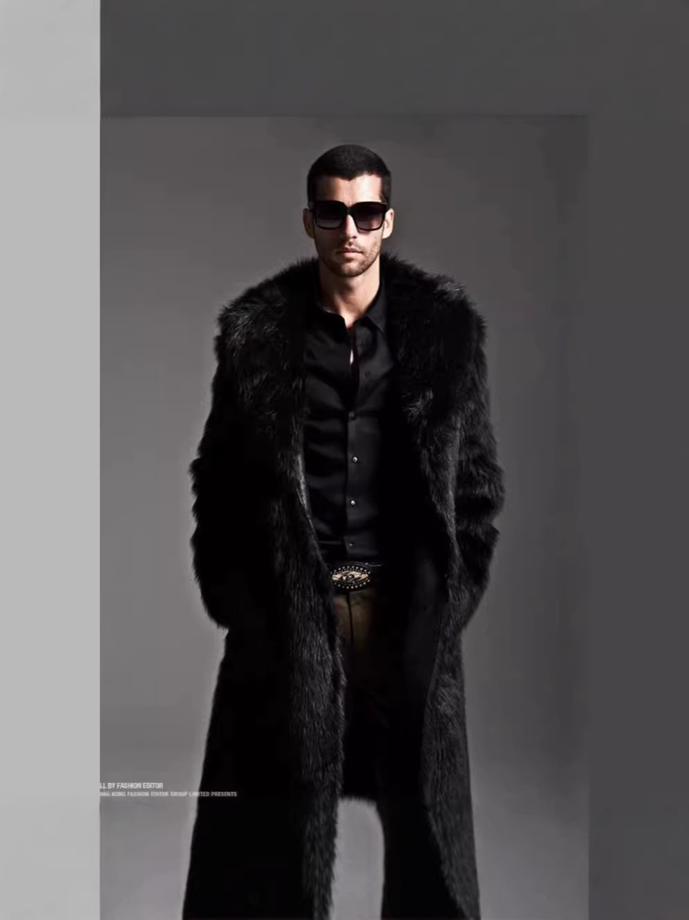 Abrigo largo de piel sintética para hombre, estilo trench coat de pelo largo, con cuello de piel sintética de zorro, venta al por mayor transfronteriza.