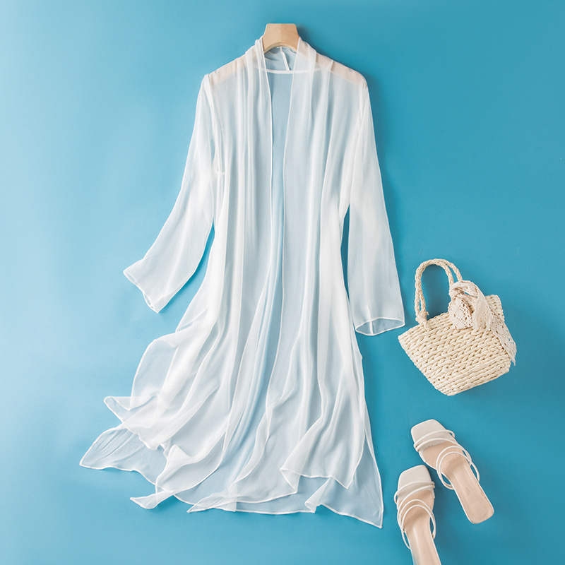 Retro Ultra-thin Mulberry Silk Women's Cardigan Long Classical Buckle Beach Sun Protection Clothing Elegant Silk Smooth Outer Cover