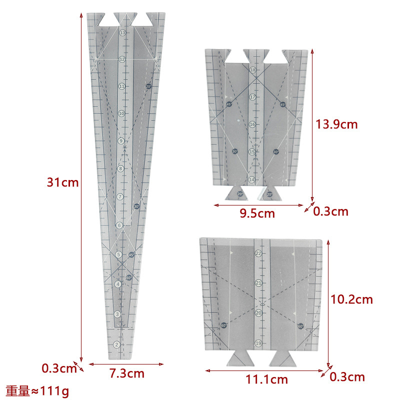 Regla de diseño de ropa Regla de mosaico de costura de forma especial de acrílico 90 ° Tela de corte Colección de plantillas de mosaico de doble regla