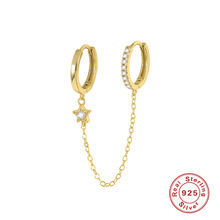 S925纯银双耳圈链条连体五角星镶钻吊坠耳圈耳环欧美潮人夸张耳饰