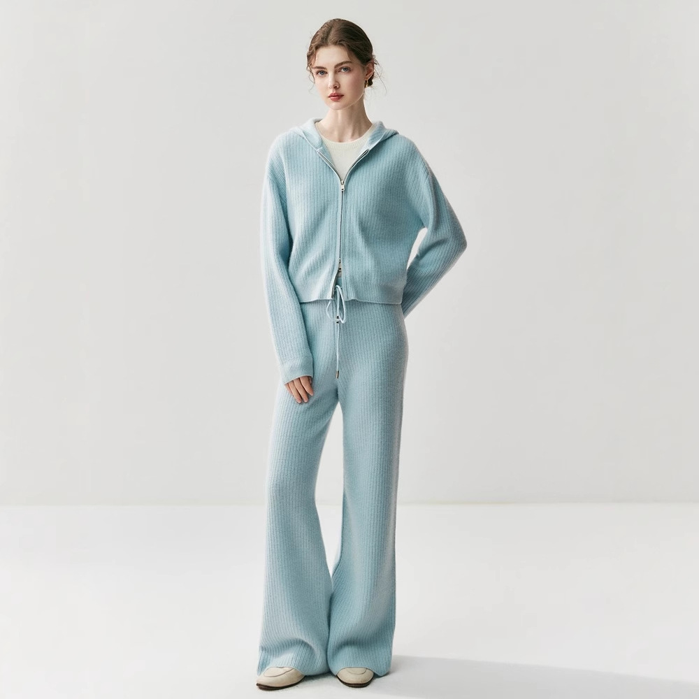Waffle Old Money Style Cashmere Suit Women's Hooded Loose Cardigan Wide Leg Pants 2025 Autumn and Winter Thick Knitted Jacket