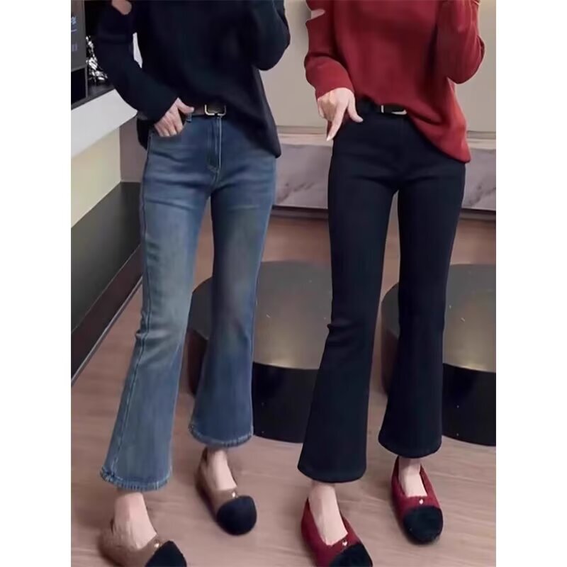 Pear-Shaped Body Pants Plus Size High-Waisted Stretchy Retro Bootcut Pants for Women Spring Plus-Size Slimming Cropped Flared Jeans