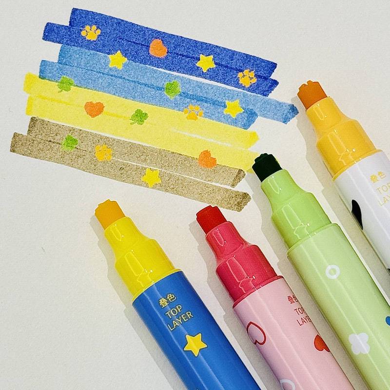 ペンファングは、重ね塗りスタンプ、両頭蛍光ペン、学生用カラーマーカー、ハンドブック用ペン、ハート、四つ葉のクローバー、猫の爪、星を言いました。|undefined