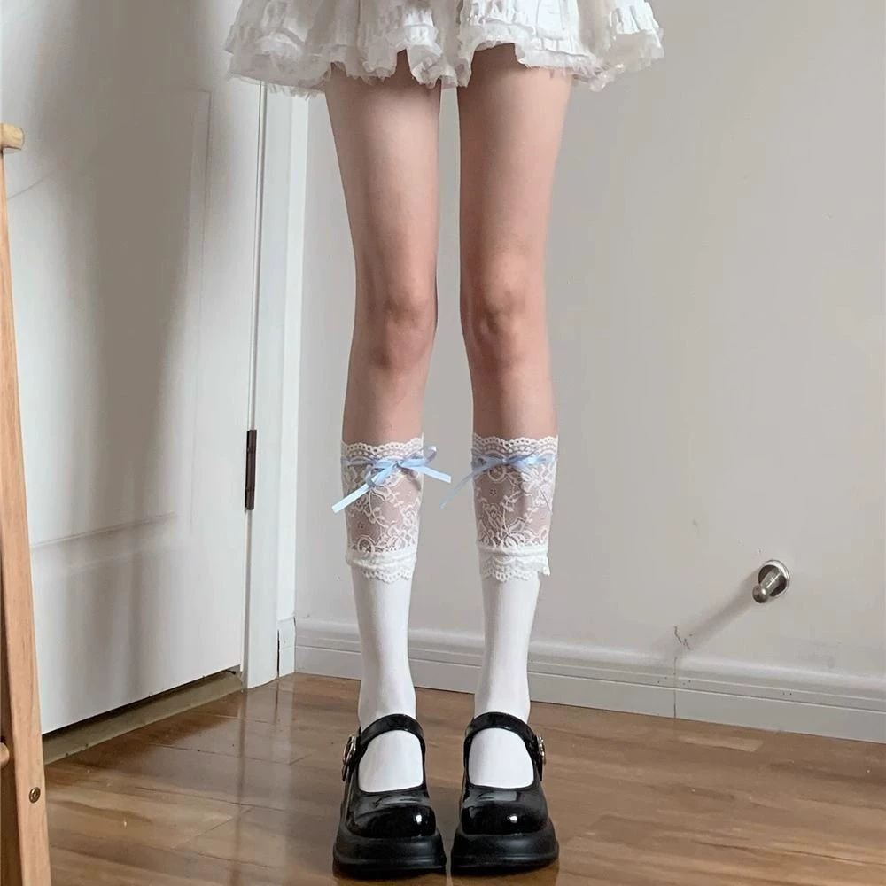 Кружевные чулки выше колена женские, лолита с бантом, универсальный размер