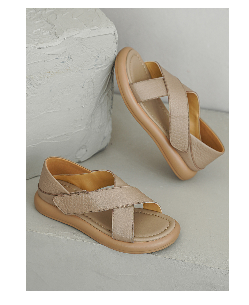 Sandal nữ hở mũi đế dày da cừu phong cách đơn giản, quai dán tiện lợi — màu be chi tiết 18