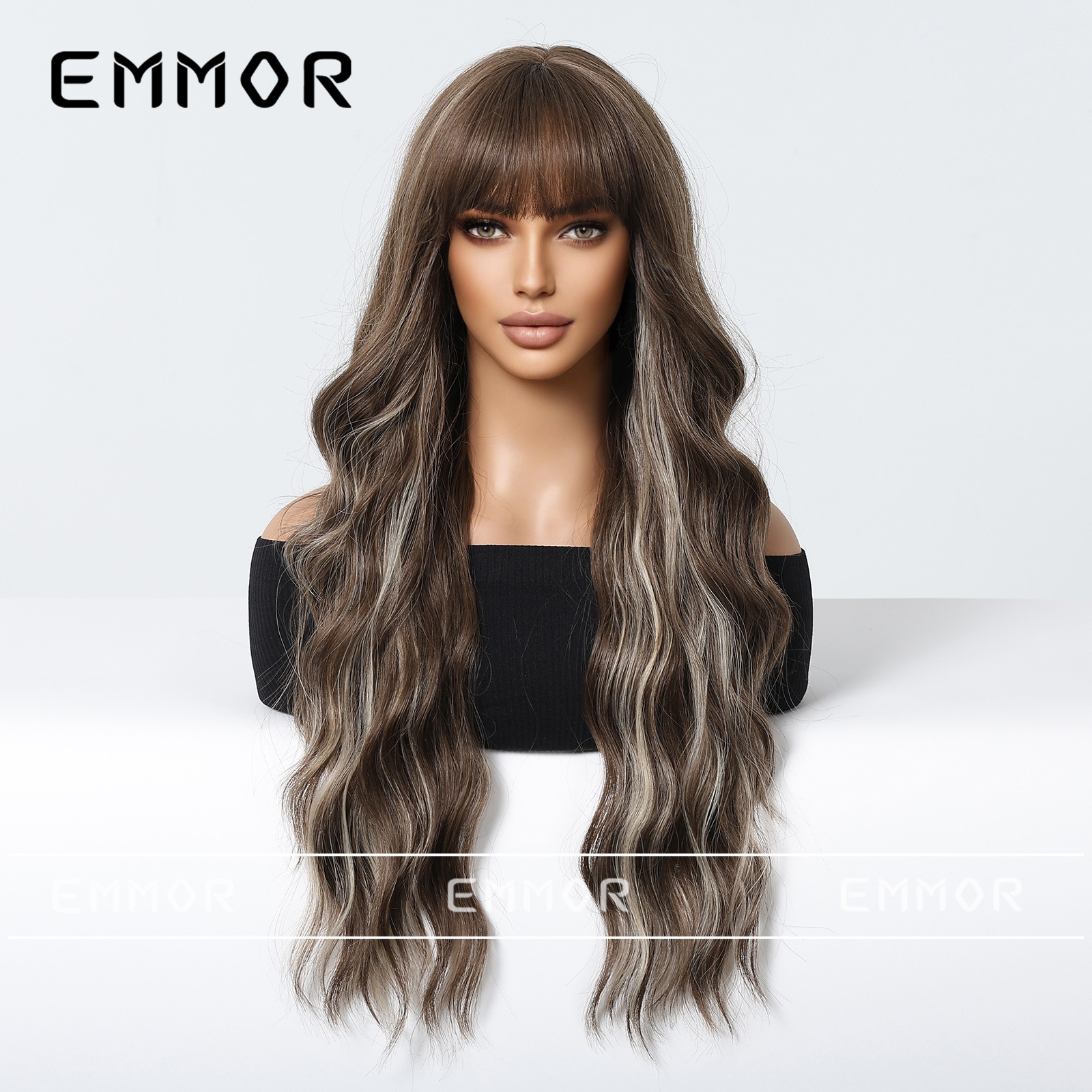 Estilo europeo y americano rojo vino flequillo olas grandes y cintura larga rizada temperamento peluca de moda cabello completo tipo wigs