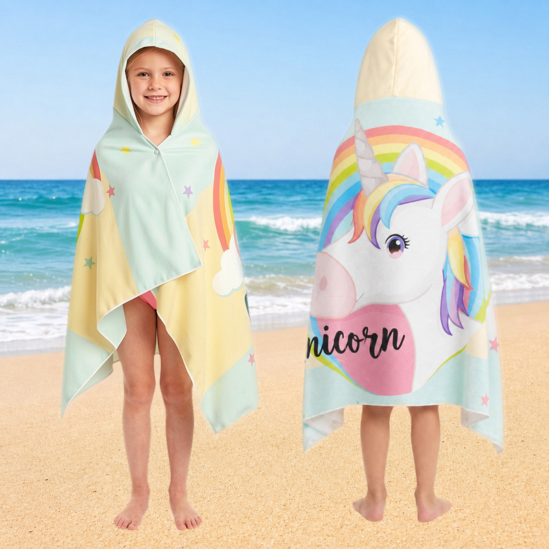 In-stock cross-border cute cartoon unicorn children's hooded bath towel, quick-dry sand-proof cape, swimming towel